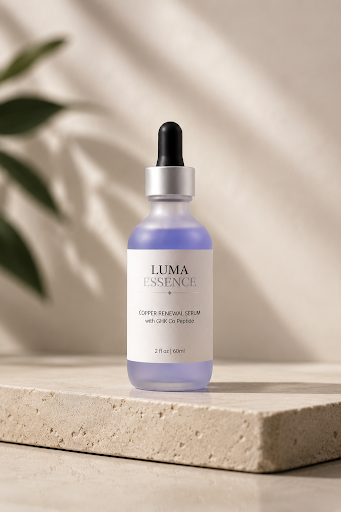 Luma Essence Copper Renewal Serum on a stone pedestal