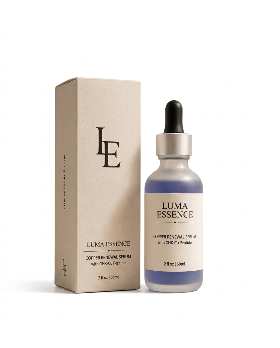 Luma Essence Copper Renewal Serum with its carton on a clean white background